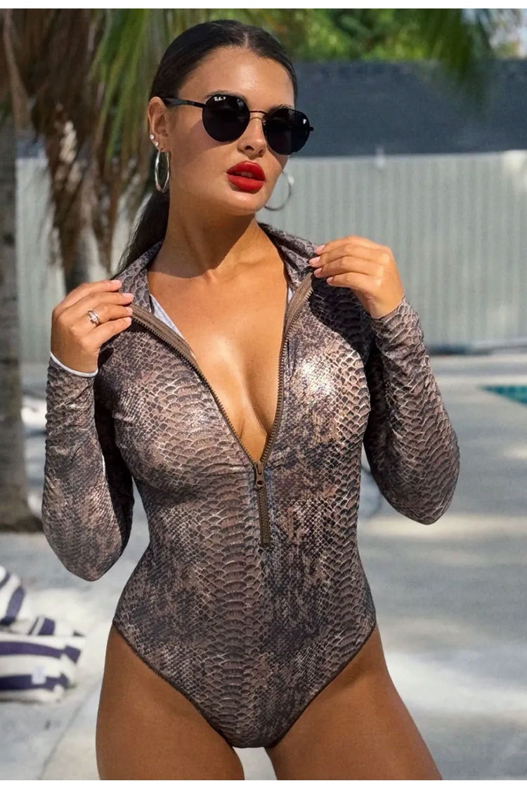 Womens Long Sleeve Snake Print Bodysuit with Front Zipper